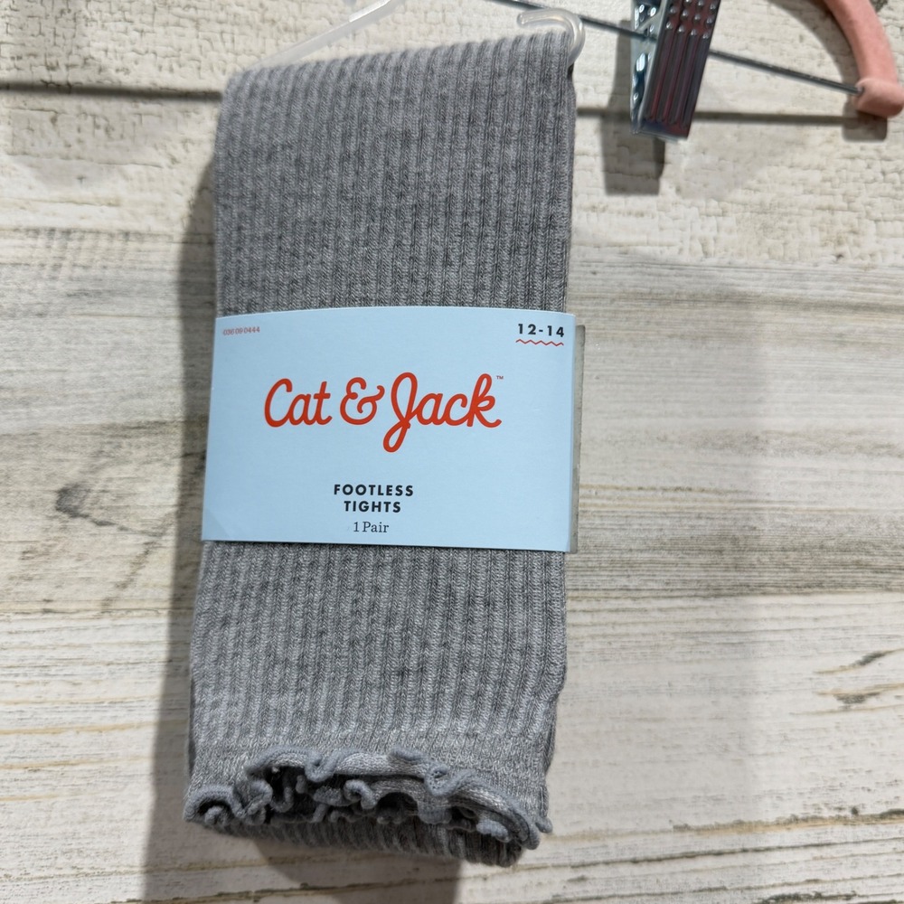 Cat & Jack Footless Tights Girls 12-14 Gray Ribbed Lettuce Trim Basics NWT